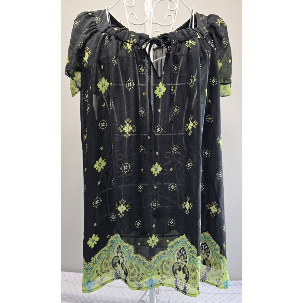 Black Floral Flutter Sleeve Top Sheer Lined Apt 9 Ruffle Tie Shirt Cottagecore